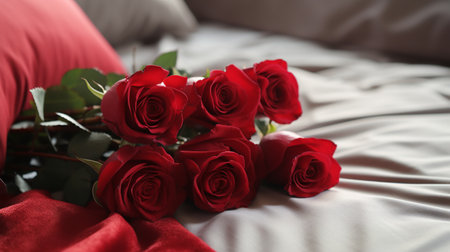 Bouquet of beautiful red roses on bed, closeup viewの素材
