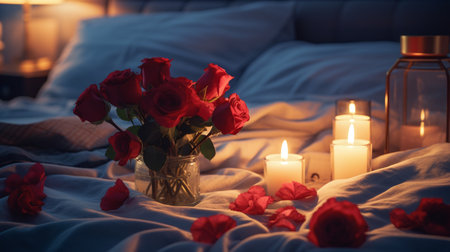 Valentine's day concept. Red roses in a vase on the bed.の素材