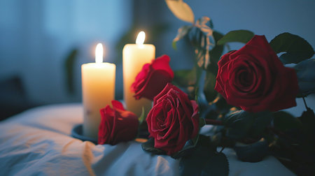 Red roses with candles on the bed. Valentines day concept.の素材