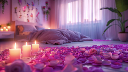 Romantic pink rose petals and candles on the bed in the bedroomの素材