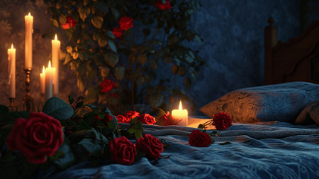 Romantic background with red roses and candles. 3d rendering.の素材