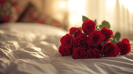 Bouquet of red roses on the bed in the bedroom.の素材