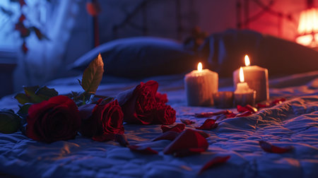 Romantic still life with red roses and candles on the bed at nightの素材