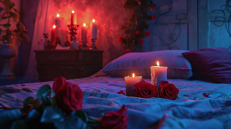 Romantic background with red roses and candles on a bed in a dark roomの素材