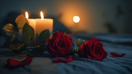 Romantic still life with red roses and burning candles in the darkの素材