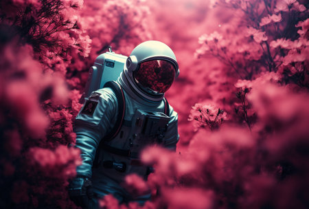 Astronaut in the pink flower garden. Toned image.の素材
