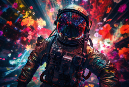 Astronaut in space suit on the background of colorful flowers.の素材