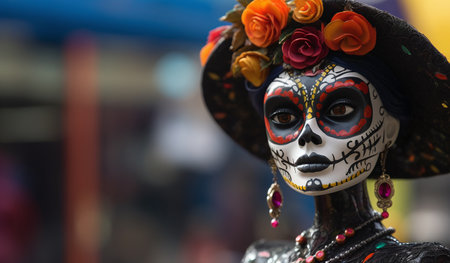 Sugar skull mask at the parade of the Day of the Dead in Mexicoの素材