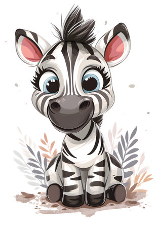 Cute cartoon zebra sitting on the ground. Vector illustration.の素材