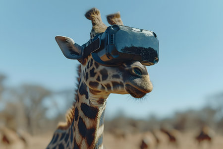 Giraffe wearing virtual reality goggles in the savannah of Africaの素材