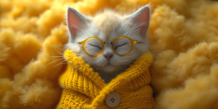 Cute little kitten wearing glasses and knitted sweater, closeupの素材