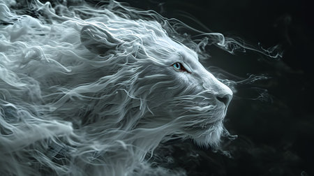 White lion in smoke on black background. Fantasy animal. 3d renderingの素材