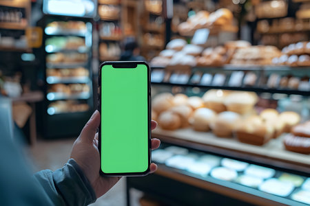 male hand holding mobile phone with green screen in bakery shop, mockupの素材