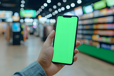 male hand holding smartphone with green screen in shopping mall, mock upの素材
