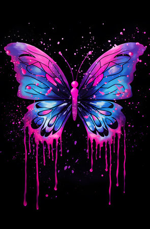 Butterfly with purple paint on black background. Vector illustration.の素材