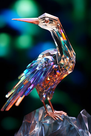 A bird made of glass on a background of colored bokehの素材