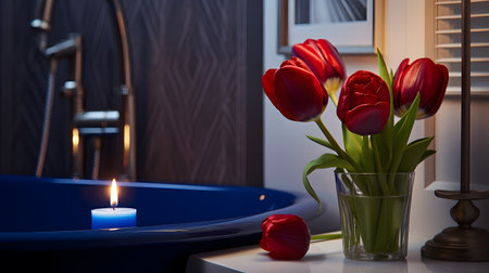 Bouquet of red tulips in a glass vase and burning candle on the background of the bathroom.の素材