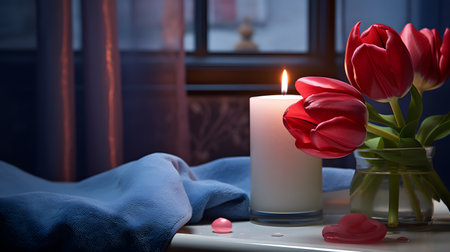 Romantic still life with red tulips and a burning candle on the bedの素材