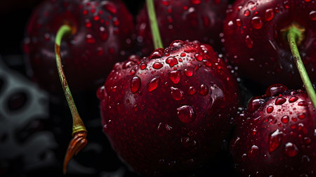 Cherries with drops of water on a dark background close-upの素材