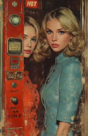 Beautiful blonde girl posing in an old fashioned elevator. Retro styles.の素材