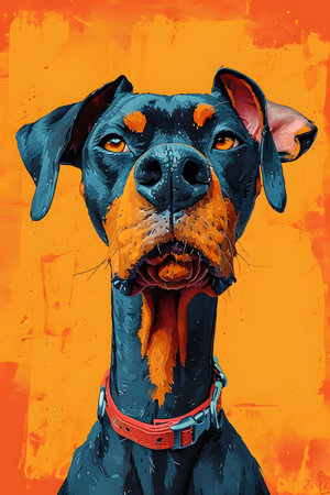 Portrait of a Doberman dog on orange background. Vector illustration.の素材