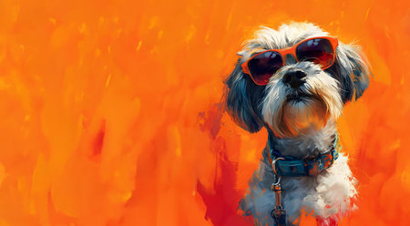 Cute shih tzu dog with sunglasses on orange background.の素材