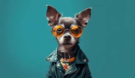 Fashion portrait of cute chihuahua dog wearing leather jacket and sunglassesの素材