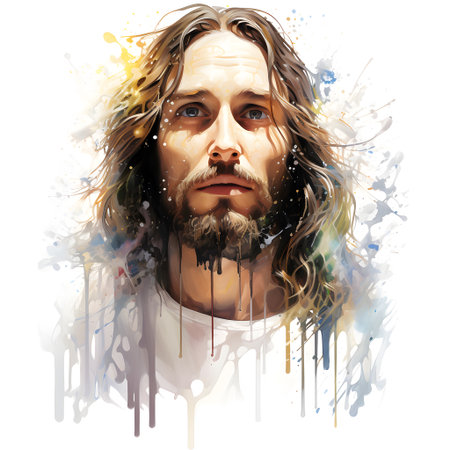 Portrait of Jesus Christ with paint splashes on a white backgroundの素材