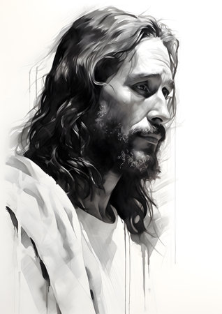 Digital painting of Jesus Christ in a white shirt with long hair.の素材