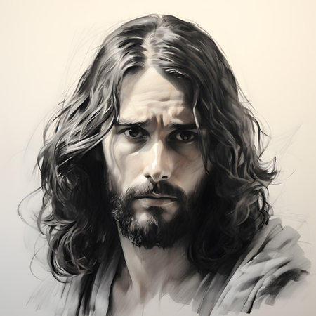 Portrait of Jesus Christ with long hair and beard. Black and white.の素材