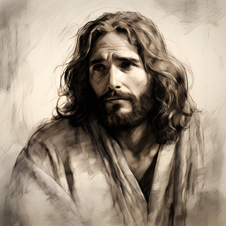 Jesus Christ in a robe with a cross in his hand. Digital painting.の素材