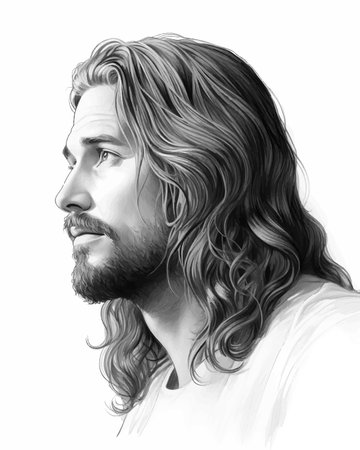 Portrait of Jesus Christ isolated on white background. Black and white.の素材
