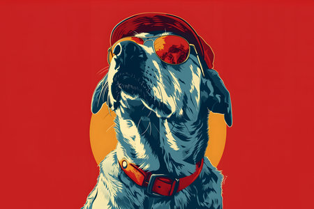 Illustration of a dog wearing sunglasses and a cap on a red backgroundの素材