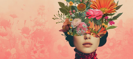 Portrait of a beautiful girl with a bouquet of flowers on her headの素材