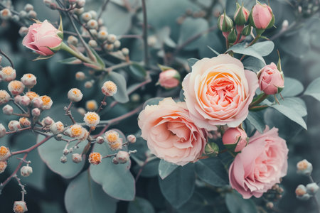 Beautiful pink roses in the garden. Vintage style toned pictureの素材