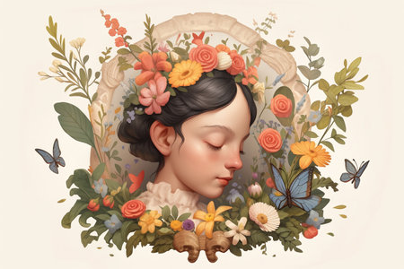 Beautiful girl in a wreath of flowers. Vector illustration.の素材