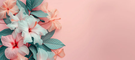 Creative layout made of tropical flowers on pink background. Flat lay, top view minimal summer concept.の素材