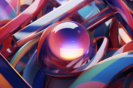 3d rendering of abstract background with glass sphere in blue and redの素材