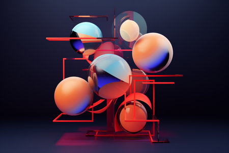 3d illustration of abstract geometric composition with colorful spheres and lines.の素材