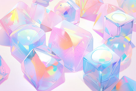 3d illustration of a group of colorful crystal cubes on white backgroundの素材