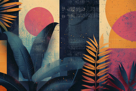 tropical leaves on grunge textured background, abstract art illustrationの素材