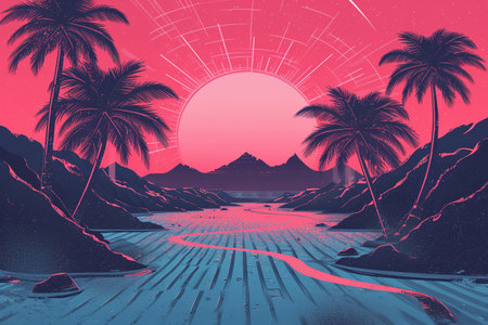Sunset over the sea and palm trees. Vector illustration in retro styleの素材