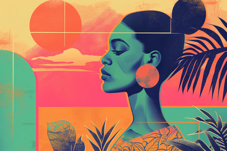 Portrait of a beautiful woman on the beach. Vector illustration.の素材