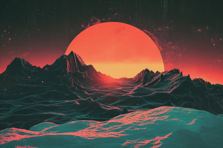 Fantasy alien planet. Mountain and sunset. 3D illustrations.の素材