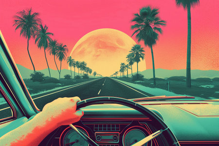 View from the inside of a car on the road and palm trees with sunsetの素材