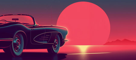 Retro car on a background of the sun. Vector illustration.の素材
