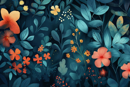 Abstract floral background with colorful flowers and leaves. Hand-drawn illustration.の素材