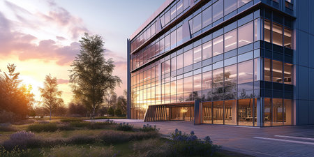 Modern office building at sunset. Business concept. 3D Renderingの素材