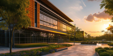 Modern office building exterior at sunset. Perspective view. 3d renderingの素材