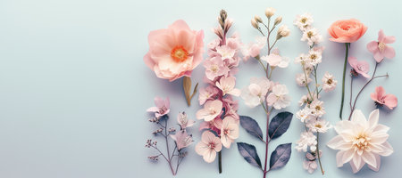 Flowers composition. Frame made of flowers on pastel blue background. Flat lay, top view, copy spaceの素材